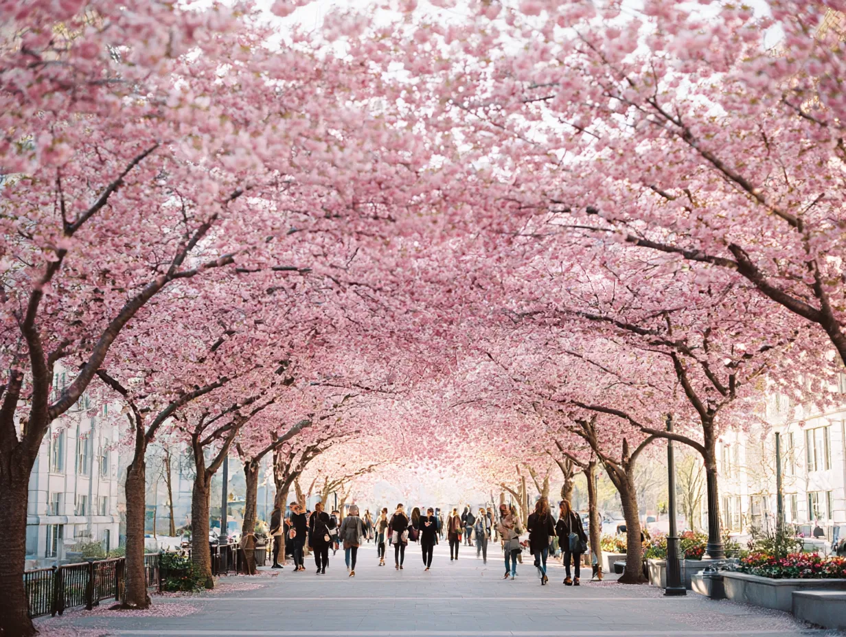 桜並木：桜が咲く通り｜桜の花が咲き誇る並木道を歩く人々の姿が描かれています。桜並木が一面に広がり、花びらが道に敷き詰められ、春の柔らかな雰囲気を感じさせてくれます。桜並木が生み出す美しい景色に囲まれる瞬間です。