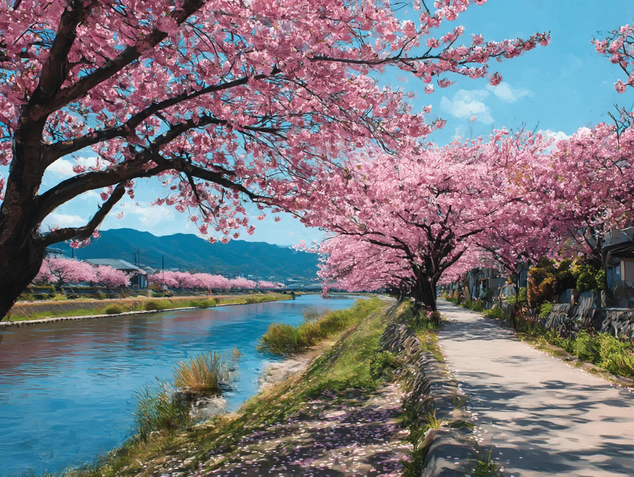 桜の並木：写真1｜満開の桜並木と川沿いの道の風景