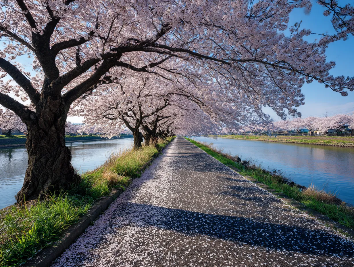 桜の並木：写真2｜静かな川辺に広がる桜並木