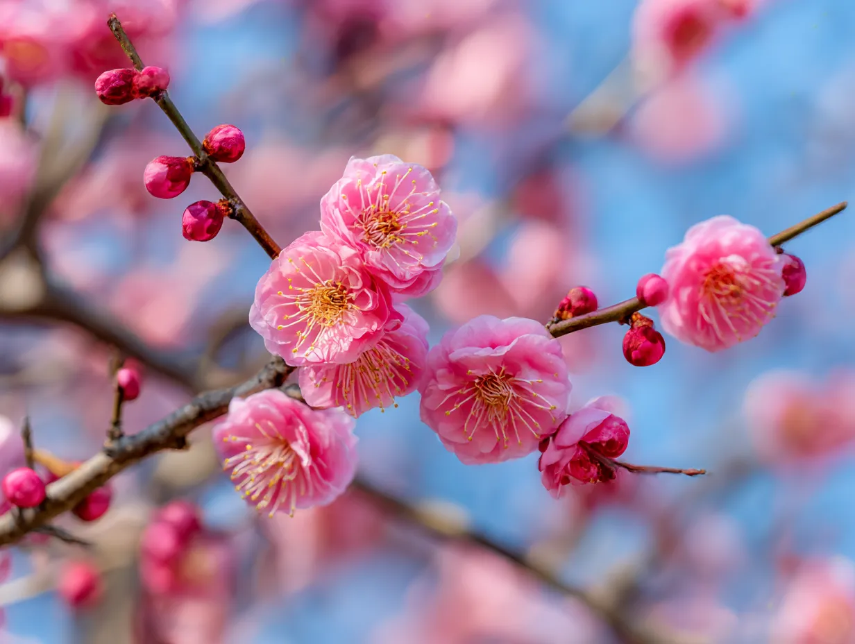 梅：春の梅の花｜春風に揺れる梅の花が、青空の下でその美しさを存分に披露しています。梅の花はピンク色と白色が混ざり、春を告げる華やかな瞬間を作り出しています。梅の花が新たな季節を象徴するような美しい風景です。