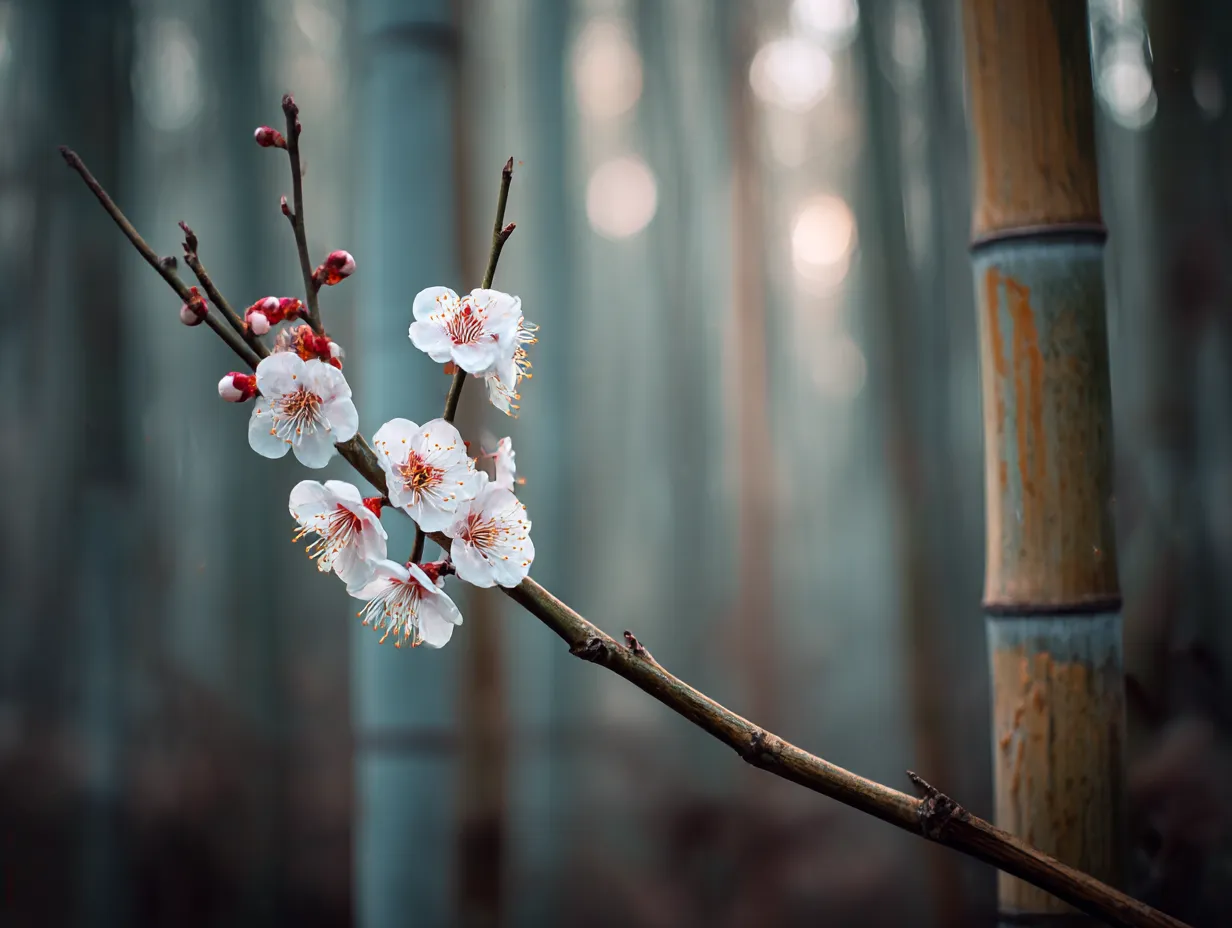 梅：竹林と梅の花｜梅の花が竹林の中でひっそりと咲き、竹の青さと梅の花の美しさが静かな風景を作り出しています。背景に広がる竹の茂みが梅の花を引き立て、優雅で落ち着いた雰囲気を感じさせる一枚です。