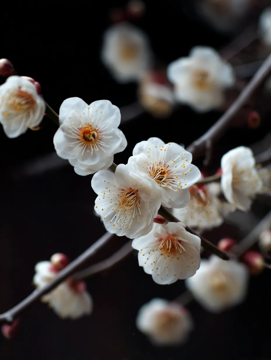梅：写真1｜この梅の花は、黒い背景に映える白さが特徴で、花弁の細部まで鮮明に捉えられています。梅の花は春の始まりを告げる花として、日本の風物詩となっており、その清楚な美しさは心を落ち着けます。花の中央に広がる黄色い花粉が、梅の繊細で力強い生命力を感じさせてくれます。