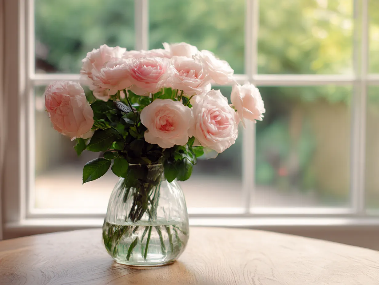 バラ：写真1｜このバラの花束は、穏やかなピンク色が特徴で、優雅な印象を与えます。窓辺に飾られたバラが、柔らかな光に包まれ、日常の中に優しさと温もりをもたらしてくれます。バラの花は、その香りとともに空間を満たし、視覚的にも心地よいひとときを提供してくれます。