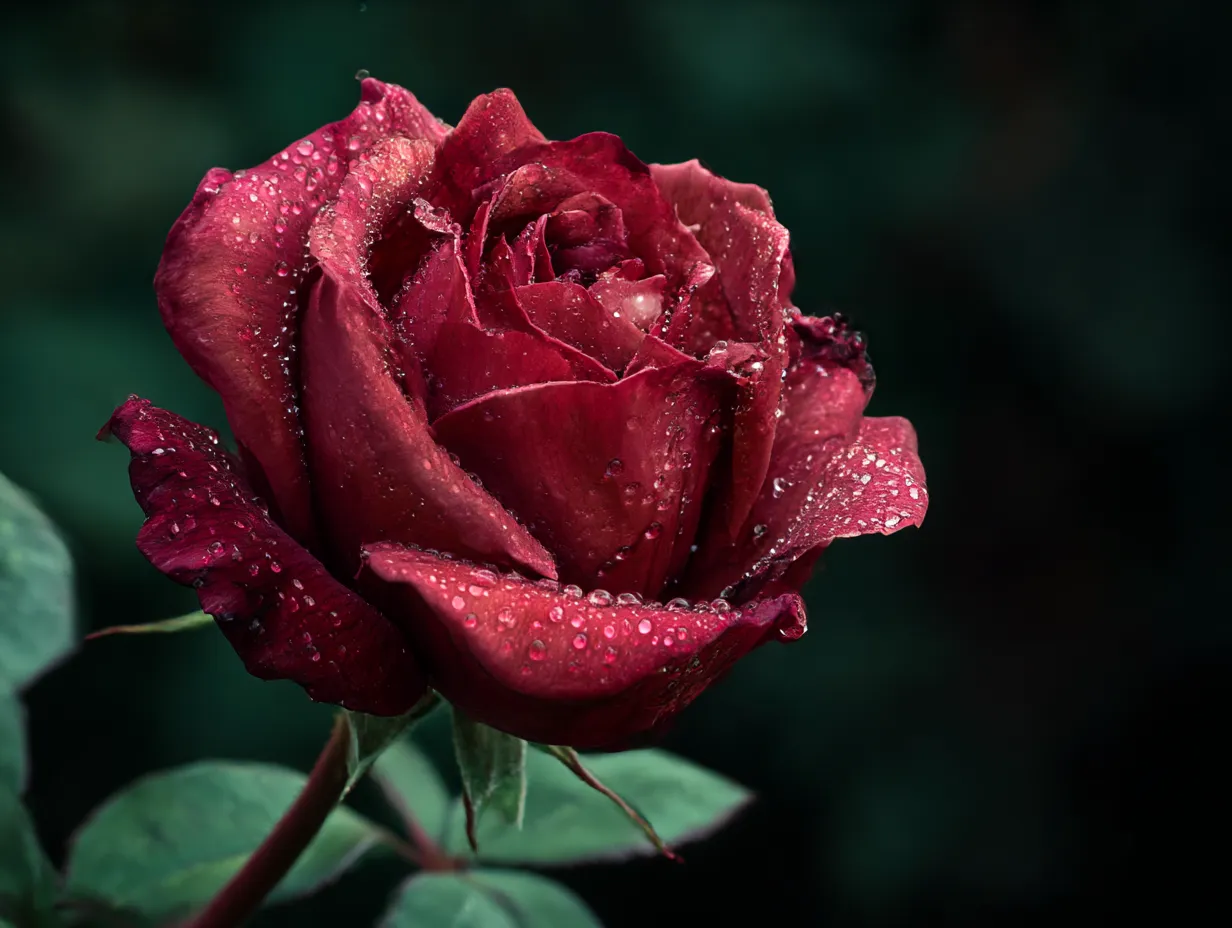 バラ：写真2｜雨上がりの赤いバラは、しっとりとした美しさが魅力的です。水滴が花びらを飾り、濃い色合いがより引き立てられています。このバラは、強さと優雅さが交じり合った魅力的な姿を見せ、自然の美を堪能できる瞬間を捉えています。