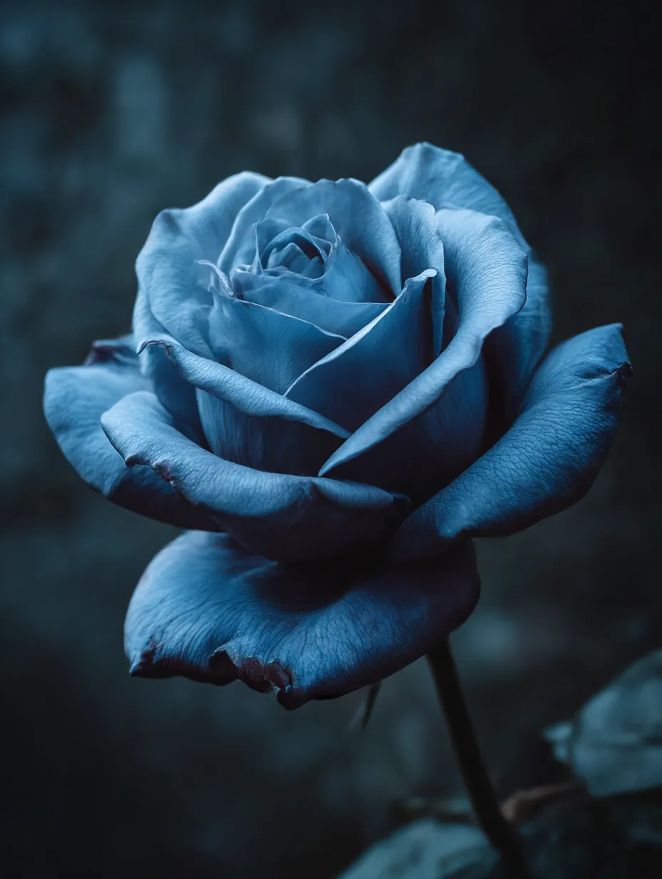 青バラ：写真3｜青バラの花びらが濃淡のブルーで重なり合い、その美しい形が強調されています。青バラは、幻想的で不思議な魅力を持つ花として、見る者の心を惹きつけます。その深い色合いが持つ神秘的な魅力を感じる一枚です。