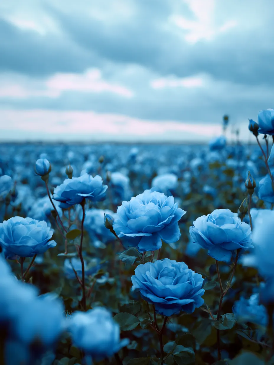 青バラ：写真4｜広がる青いバラの花々が一面に咲き誇り、その色鮮やかな姿が視覚的に圧倒します。青バラの群生は、珍しく美しい景色を作り出し、まるで別世界のような雰囲気を感じさせます。自然の美しさと神秘的な色合いを堪能できます。