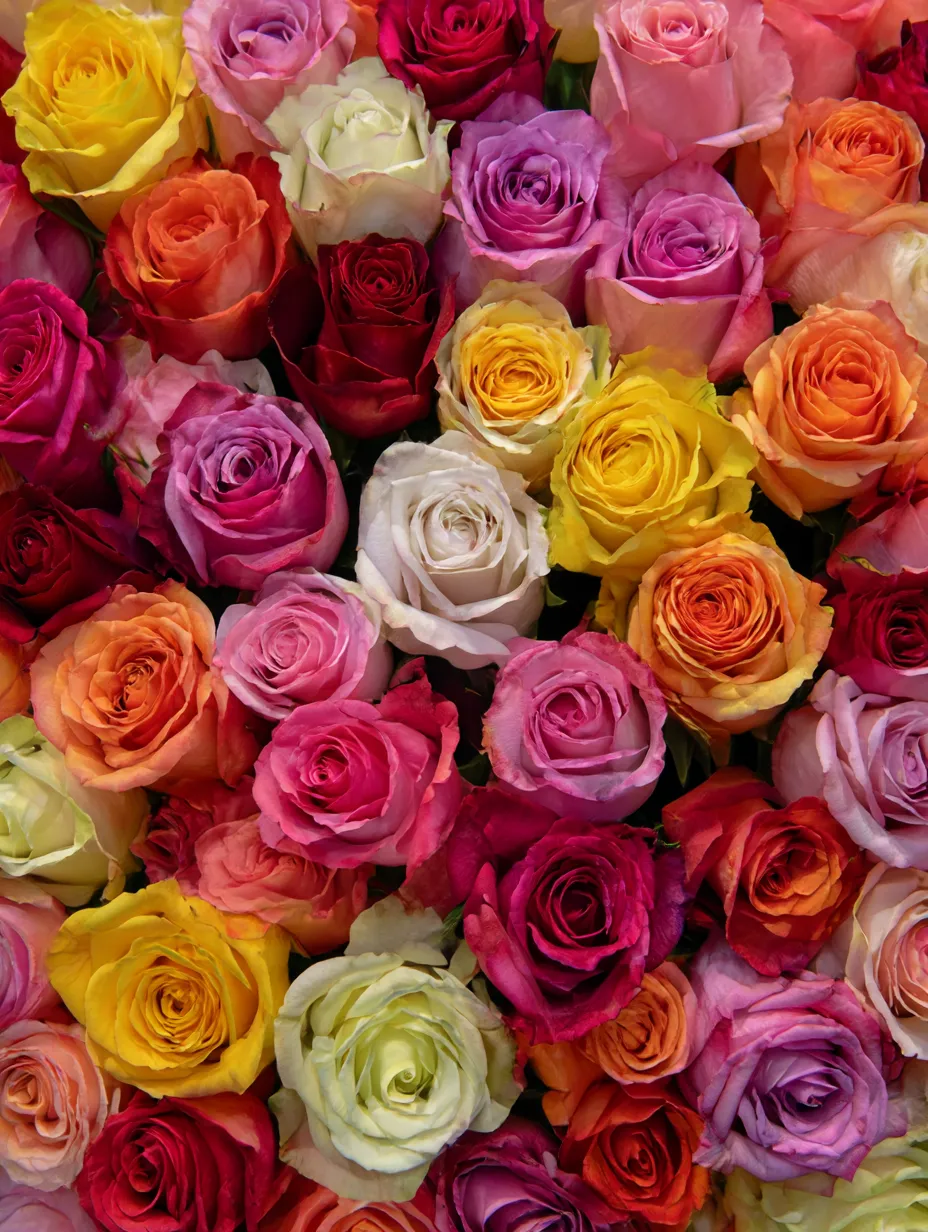 バラの花束：写真1｜このバラの花束は、豊かな色彩のバラが一面に広がり、視覚的に非常に華やかです。黄色、赤、ピンク、紫といったさまざまな色が調和し、生命力とエネルギーに満ちた美しい風景が広がります。バラの花束は贈り物としても人気があり、特別な意味を込めて贈られることが多いです。