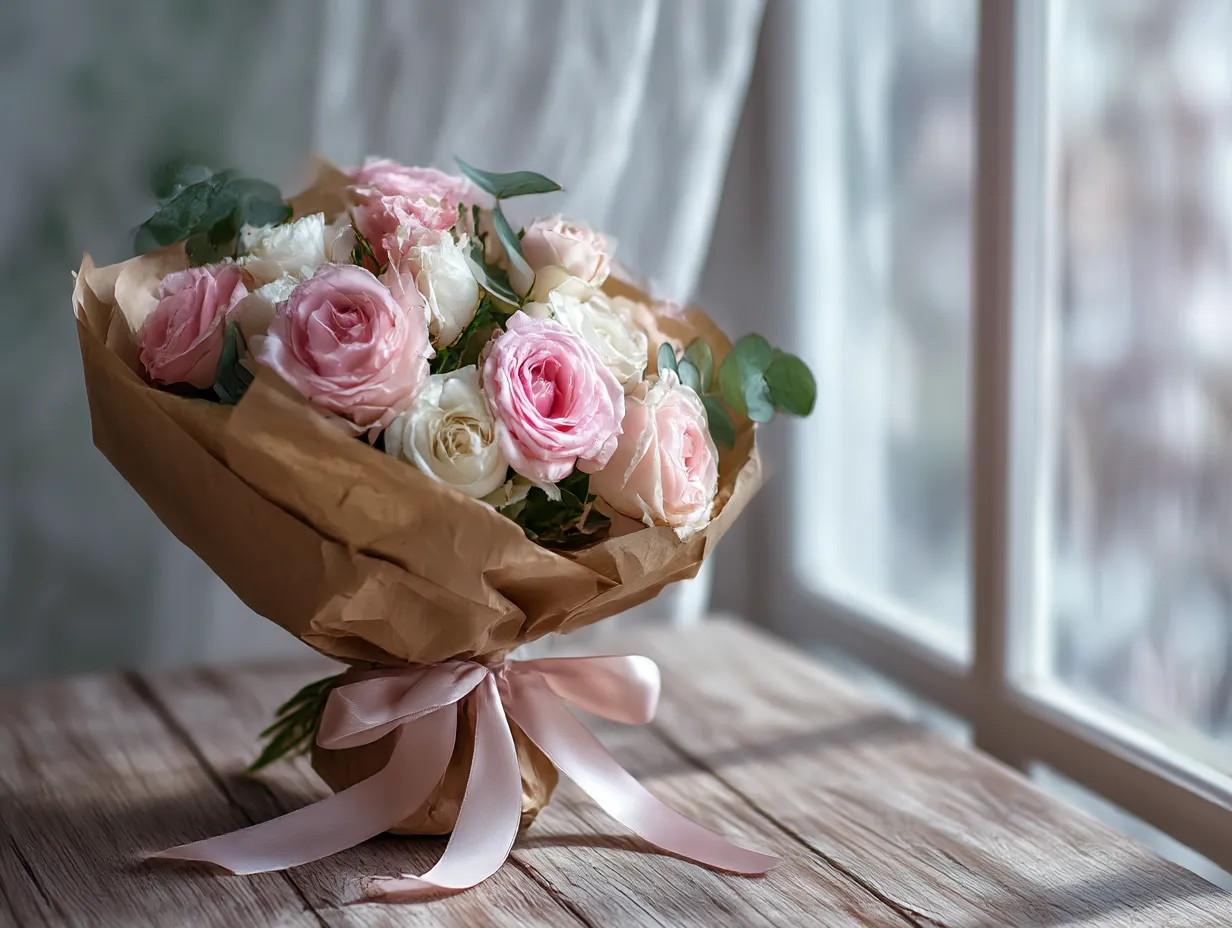 バラの花束：写真2｜柔らかなピンク色のバラが優しさと温かさを伝える花束です。窓の光を浴びて、ピンクのバラが一層輝き、温かな春の空気を感じさせます。この花束は、特別な記念日やお祝いの際にぴったりなアイテムです。