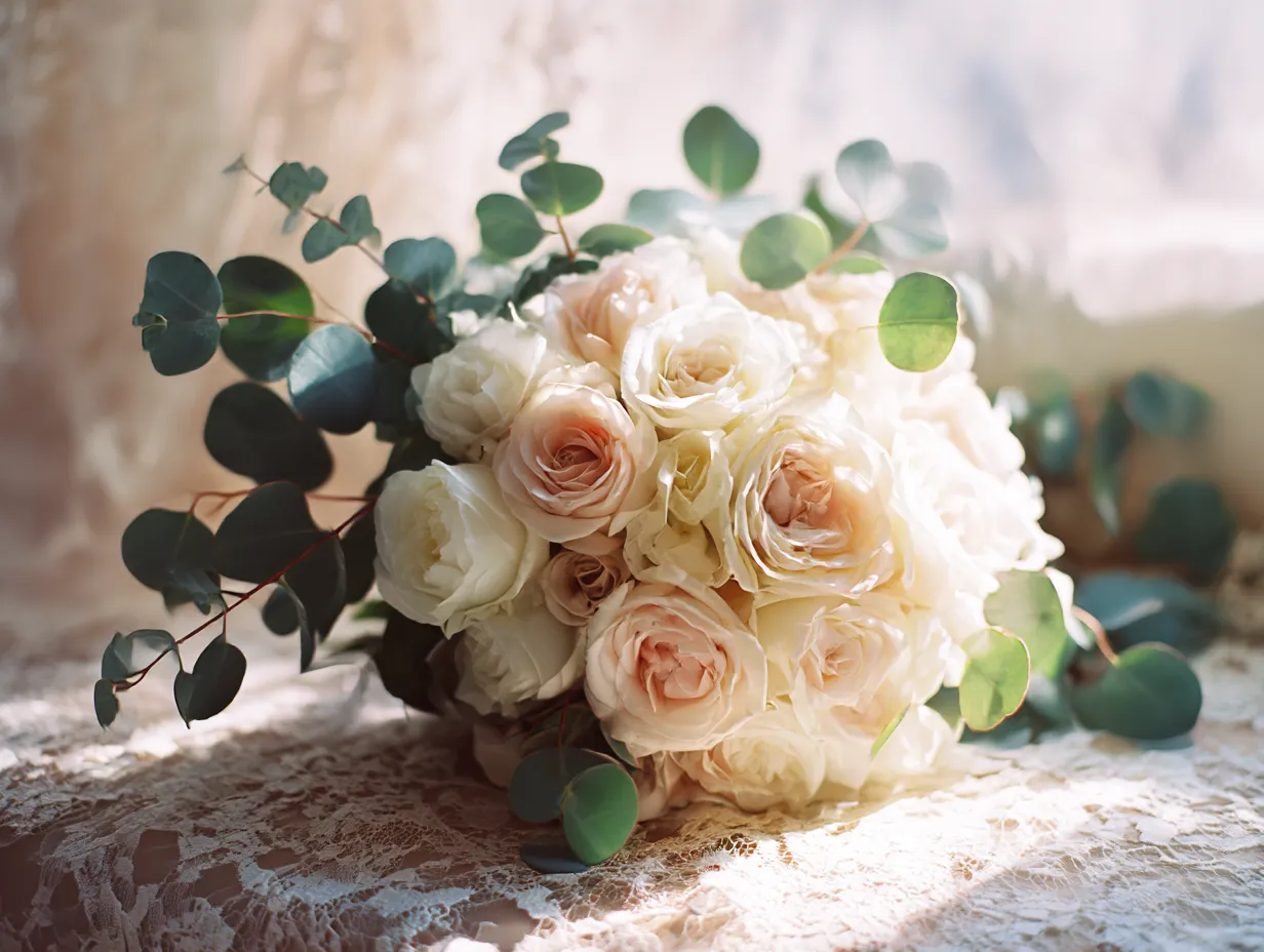 バラの花束：写真3｜白とピンクのバラが組み合わさったこの花束は、清潔感と優しさを象徴しています。柔らかな光に照らされて、花束はその美しさをより引き立て、贈られる人の心を温かくすることでしょう。特別な日の贈り物として最適です。