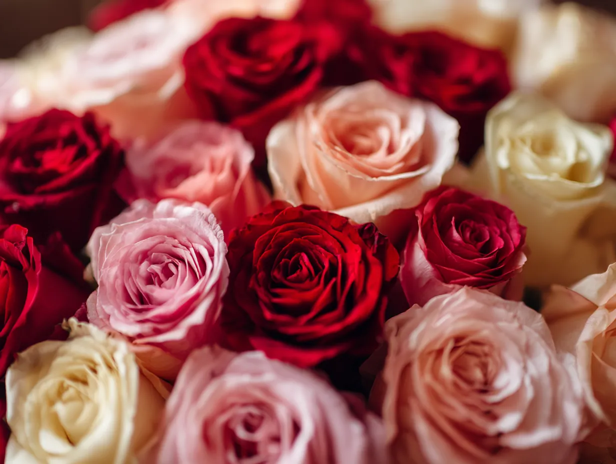 バラの花束：写真4｜鮮やかな赤、ピンク、白のバラが一緒になった花束が満開のように見え、華やかさと生命力を感じさせます。花束の色合いは、豊かな感情を表現し、見る人に幸せな気分をもたらします。特別なイベントや感謝の気持ちを伝えるのにぴったりです。