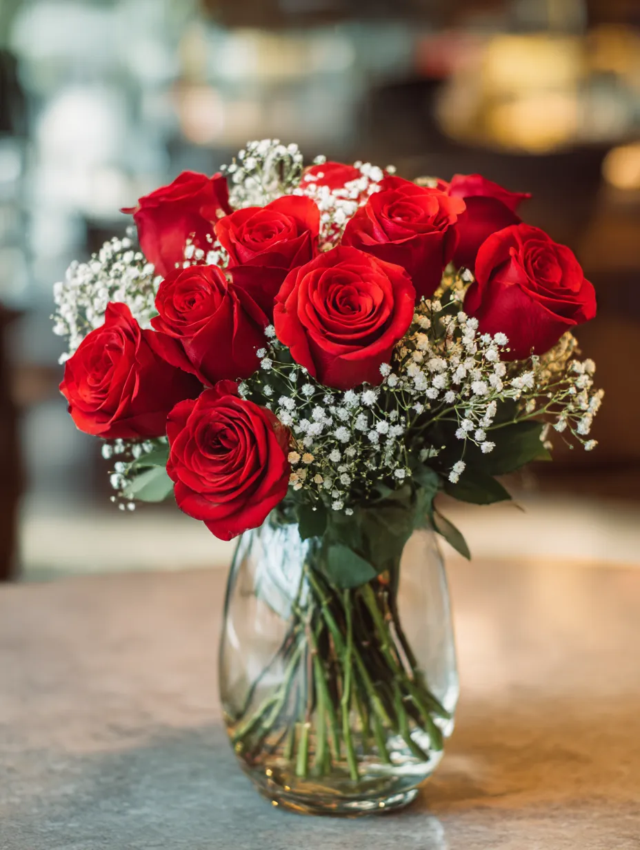 バラの花束：写真5｜深い赤色のバラが美しく束ねられたこの花束は、情熱と愛情を表現する完璧なアイテムです。赤いバラは長い間愛情の象徴として使われ、贈り物として非常に人気があります。シンプルでありながら、力強いメッセージを伝えます。