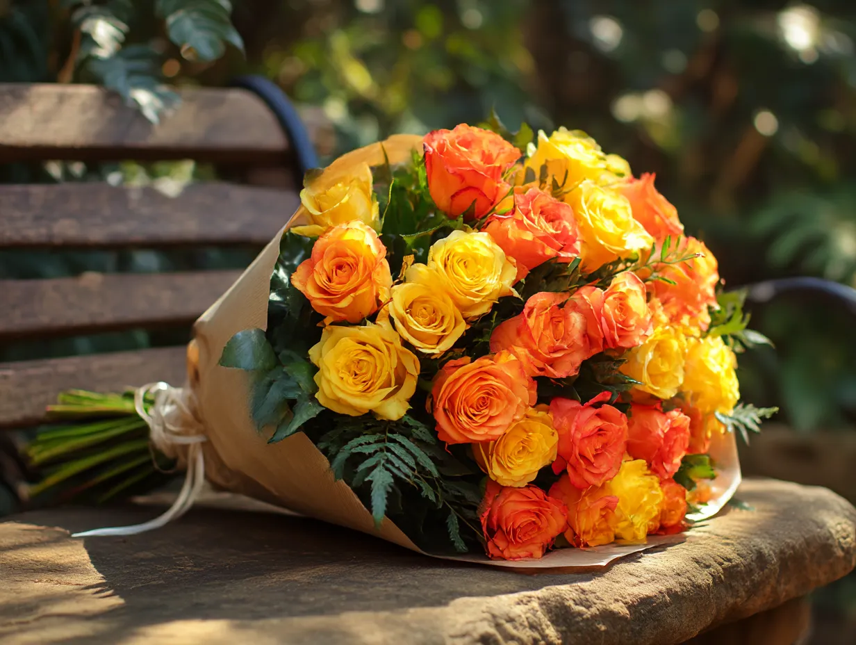バラの花束：写真6｜明るいオレンジと黄色のバラが一緒になった花束は、元気で明るい雰囲気を演出します。暖かい色合いが心を明るくし、贈られる人に元気を与えることでしょう。この花束は、祝いの場に最適な選択です。