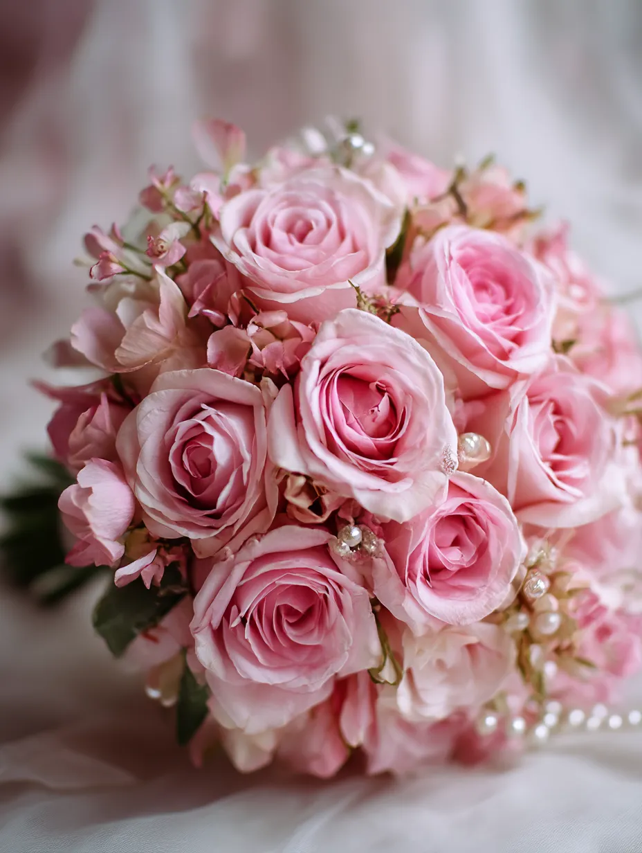 バラの花束：写真7｜このピンクのバラの花束は、柔らかな色合いと優雅な雰囲気を持っており、贈る相手を優しく包み込むような印象を与えます。細部まで美しく咲いたピンクのバラが、穏やかな気持ちを呼び起こします。記念日や誕生日の贈り物として人気です。