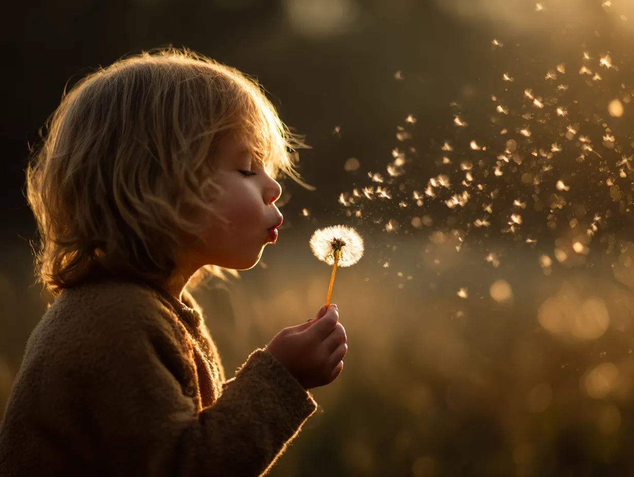 たんぽぽ：写真3｜たんぽぽの綿毛を吹く子供