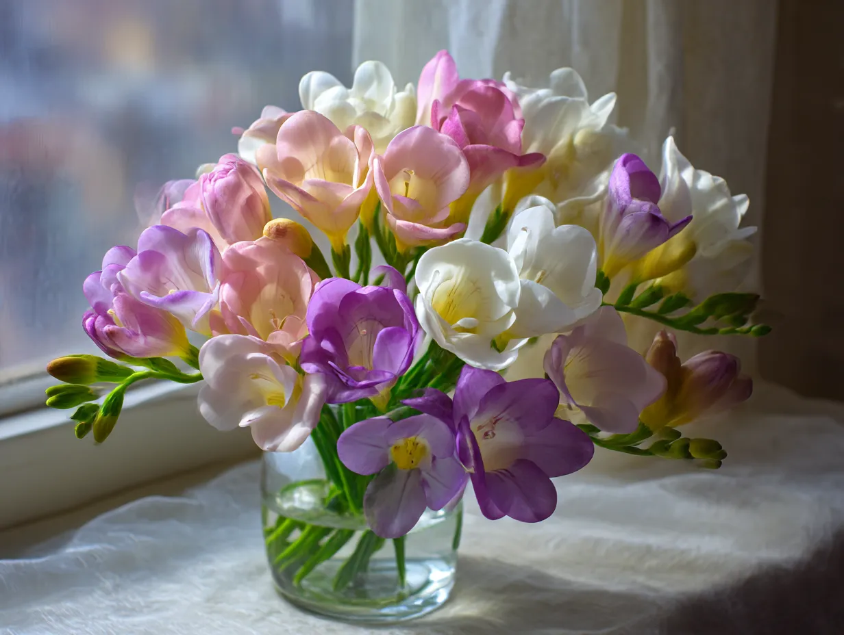 フリージア：写真1｜フリージアの色とりどりの花束
