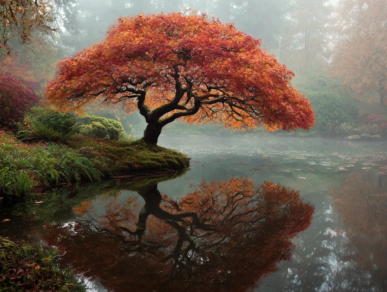 もみじの木：写真と幻想的な朝霧｜もみじの木が美しい紅葉に包まれた瞬間を捉えた「もみじの木：写真」。霧の中で静かに佇むその姿は、自然の美しさと静けさを感じさせ、深まる秋を象徴しています。