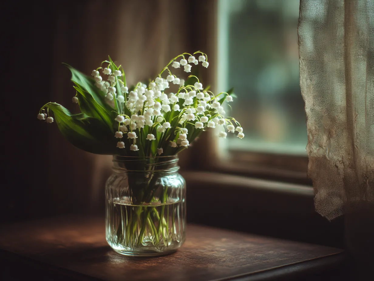 すずらんの花瓶写真｜すずらんの花が穏やかな光の中で輝く写真。木製のテーブルの上に飾られたガラス瓶の中で、可憐な花々が静かに並んでいます。背景には窓があり、優しい日差しが花を照らし、穏やかな雰囲気を作り出しています。すずらんの花の繊細さが際立つ一枚です。