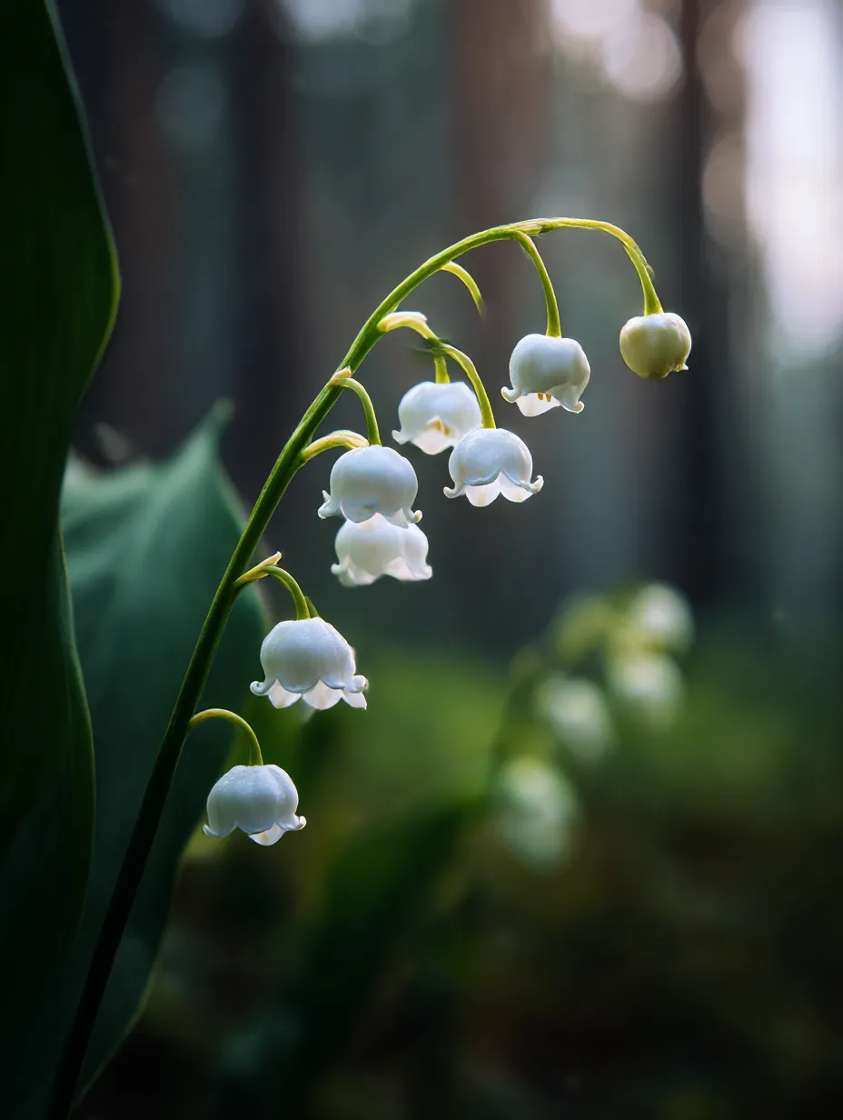すずらんの森の写真｜森の中で自然に咲くすずらんの花々を捉えた美しい一枚。柔らかな朝の光が花に差し込み、深い森の中で幻想的な雰囲気を醸し出しています。自然の中でひっそりと咲くすずらんは、平和と静けさを感じさせます。