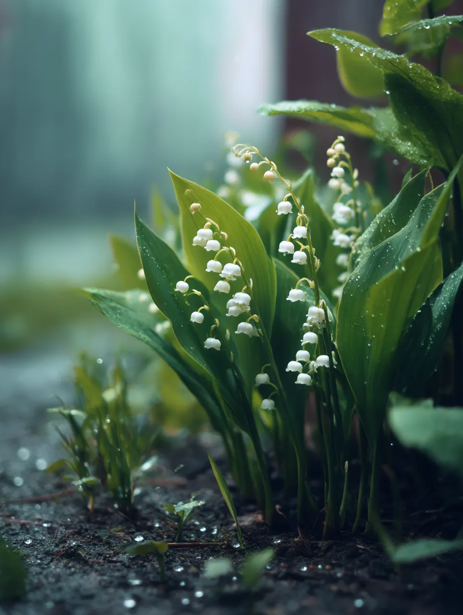 すずらんの雨の中での写真｜しっとりとした雨の中で咲くすずらんの花を写した一枚。雨粒が花びらに集まり、清らかでみずみずしい印象を与えています。雨の中で静かに咲くすずらんは、雨の日ならではの美しさを引き立てます。