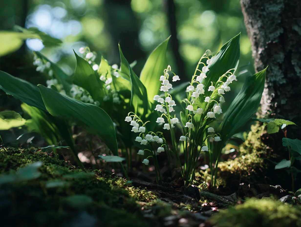 すずらんの森の中の写真｜森の中で光に包まれて咲くすずらんの花々を捉えた一枚。木々の間から差し込む光が花々を照らし、森の生き生きとした自然が感じられます。すずらんが自然の美しさと調和した瞬間を捉えた写真です。