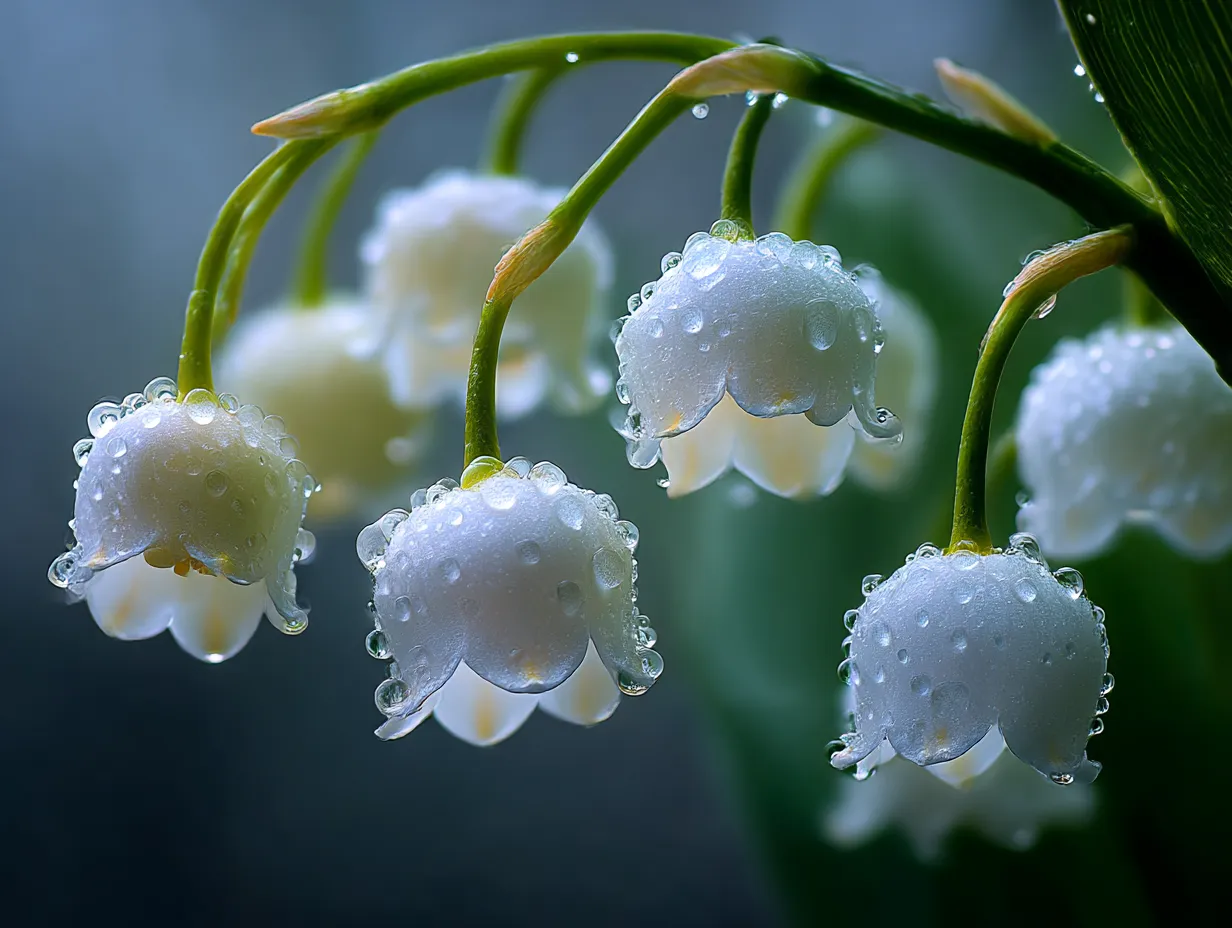 すずらんの露の滴の写真｜すずらんの花びらに滴る水滴が美しく撮影された写真。水滴が花を包み込み、まるで宝石のように輝いています。露の滴をまとったすずらんは、朝の清新さと新たな始まりを象徴しています。