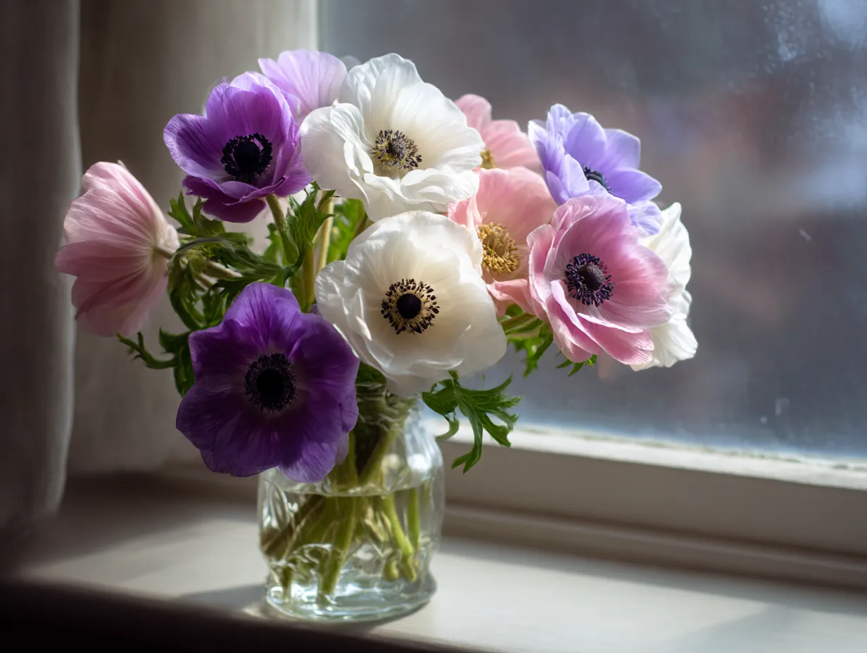 アネモネの花瓶写真｜柔らかな光の中で色とりどりのアネモネの花が輝く写真。白、紫、ピンクなどの色合いが調和し、花瓶に活けられた美しいアネモネの花々が部屋に温かな雰囲気を与えています。窓から差し込む光が花を照らし、優しいムードを演出しています。