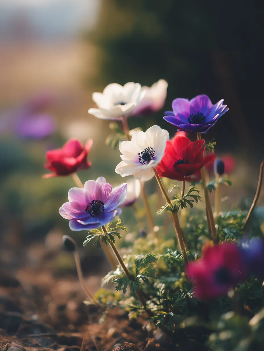 アネモネの花畑の写真｜色とりどりのアネモネが咲き誇る花畑を撮影した美しい写真。青空の下で風に揺れる花々が、春の訪れを感じさせる穏やかな雰囲気を作り出しています。アネモネの華やかさと自由さを表現しています。
