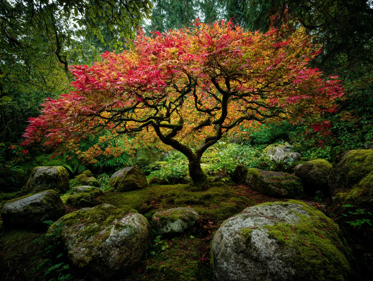 もみじの木：写真と岩を越えて｜岩場に囲まれたもみじの木の鮮やかな紅葉が際立つ「もみじの木：写真」。深緑の中で広がる紅葉は、秋の息吹と自然の力強さを感じさせます。