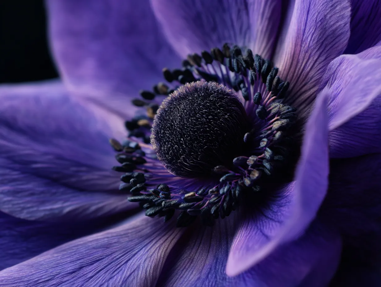 アネモネの紫色の花の写真｜鮮やかな紫色のアネモネの花がクローズアップされた一枚。花弁の繊細なディテールと暗い背景が強調され、アネモネの美しい色合いと複雑な模様を際立たせています。