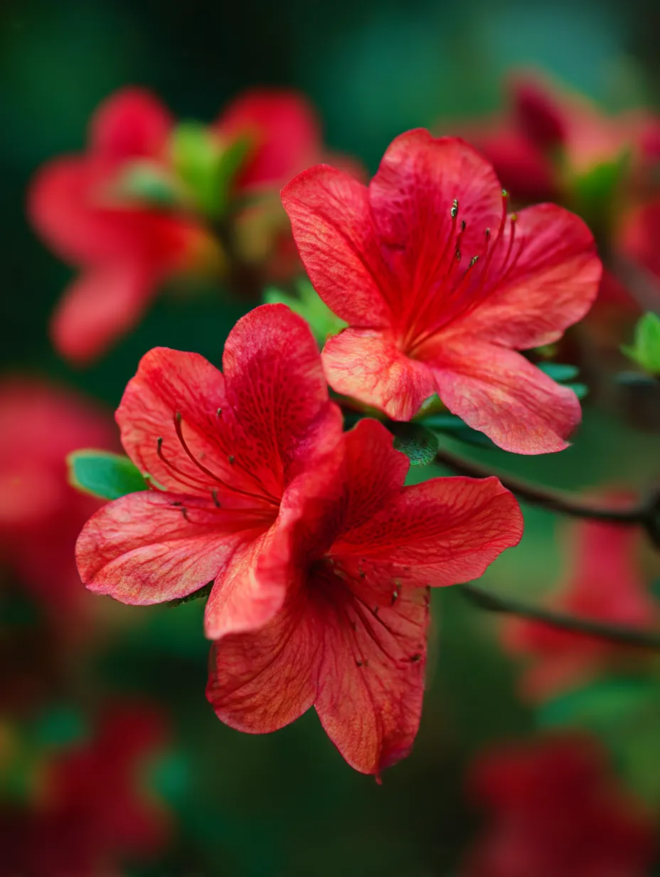 赤いつつじの花の写真｜鮮やかな赤いつつじの花がクローズアップされた美しい一枚。繊細で鮮明な花弁のディテールが強調され、背景のぼんやりとした緑が花の美しさを引き立てています。つつじの花の鮮やかさが春の温かい雰囲気を感じさせます。