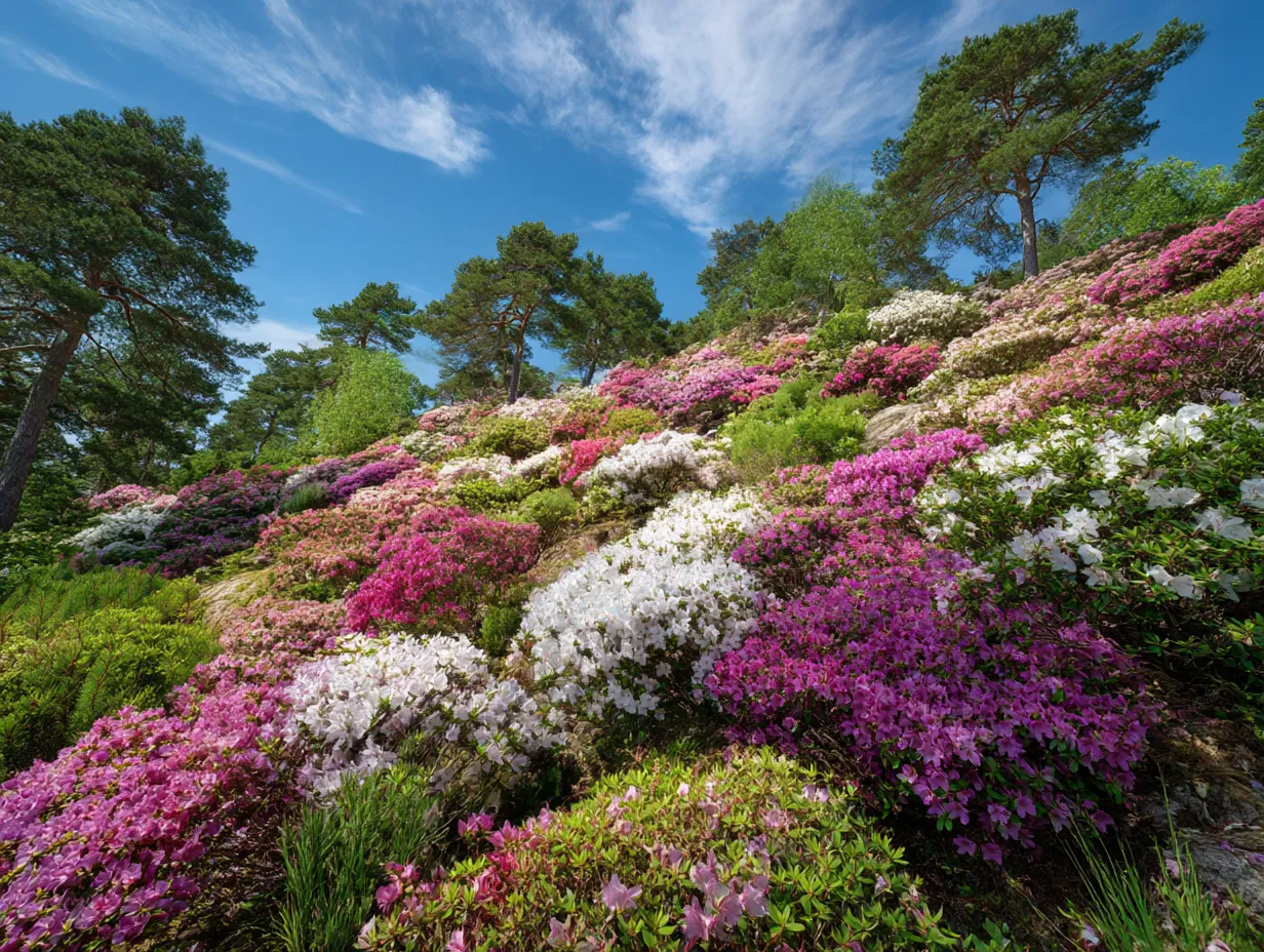 つつじの花の庭園写真｜色とりどりのつつじが咲き誇る庭園の風景写真。青空の下で、白、ピンク、紫などのつつじが庭を彩り、自然の美しさと季節の移ろいを感じさせる一枚です。つつじの花々が満開の美しさを誇ります。