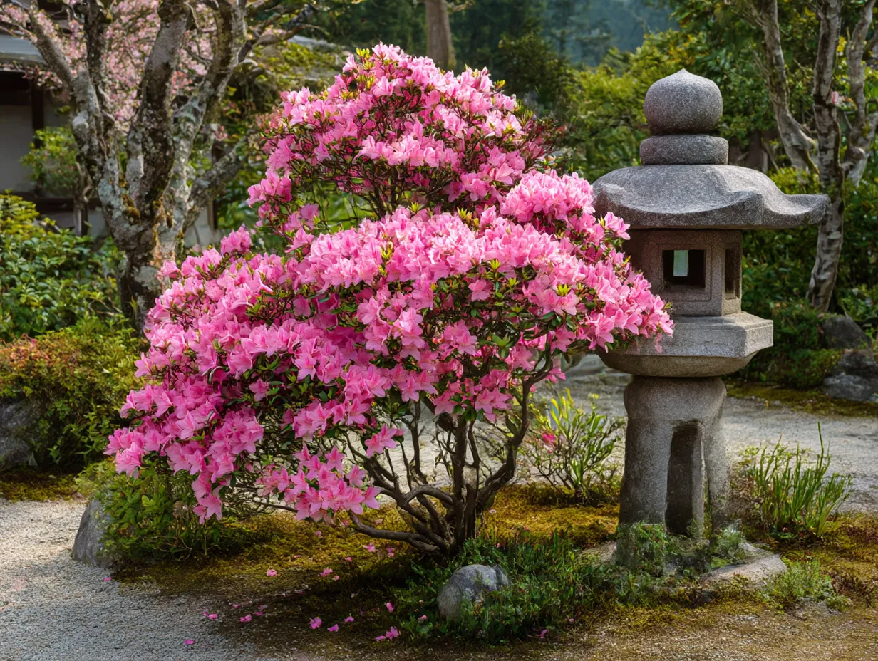 つつじの花と石灯篭の写真｜春の訪れを感じさせる、つつじの鮮やかなピンクの花と石灯篭が一緒に映る美しい一枚。庭園の落ち着いた雰囲気の中で、花々が春の喜びを表現しています。つつじの花が和風の美しさを引き立てています。