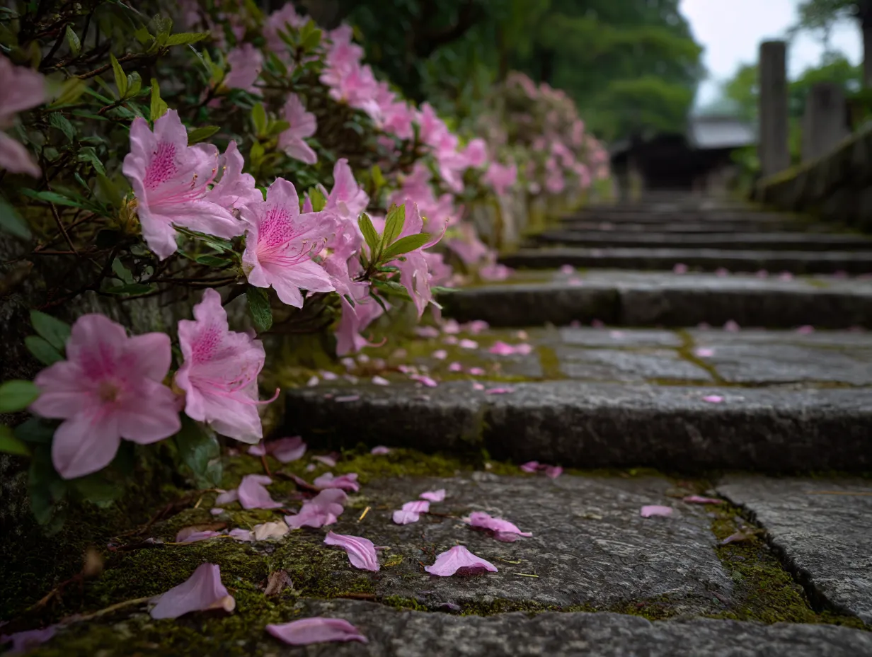 つつじの花道の写真｜つつじの花が咲き誇る石畳の道を撮影した写真。花びらが石畳に散り、春の柔らかな風と穏やかな時間を感じさせる風景です。つつじが道を彩り、歩く人々を歓迎するような雰囲気が漂っています。