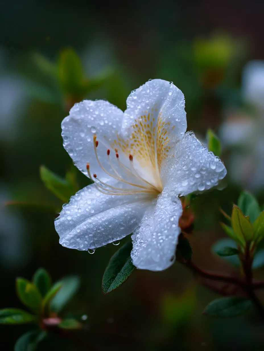 雨の中の白いつつじの花の写真｜しっとりと雨に濡れた白いつつじの花をクローズアップした一枚。花びらに滴る水滴が美しく、つつじの清らかさと静けさを感じさせます。雨の中で輝くつつじの花が、穏やかで静かな美しさを表現しています。