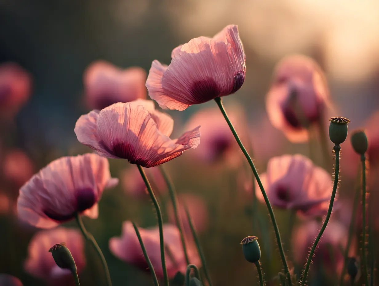ポピーの花の写真｜夕暮れ時に光を浴びるピンク色のポピーの花々を捉えた一枚。柔らかな光が花弁に透けて、優雅な雰囲気を作り出しています。ポピーの花の美しさと、自然の穏やかな風景が感じられます。
