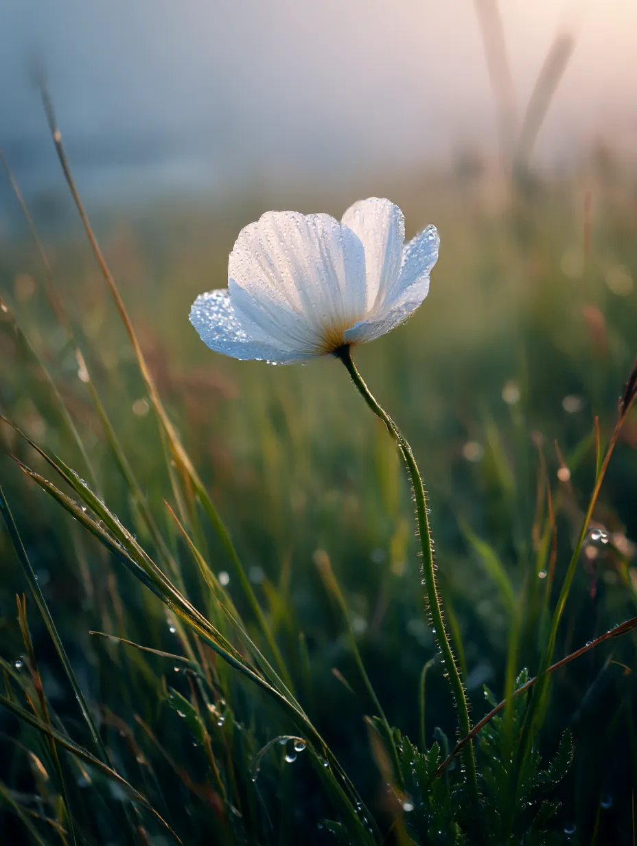 朝露のポピーの花の写真｜朝露をまとったポピーの白い花が美しく映し出された一枚。朝のやわらかな光の中で、しっとりとした花の表情がとても清らかで、ポピーの花が自然の中で生き生きと輝いています。