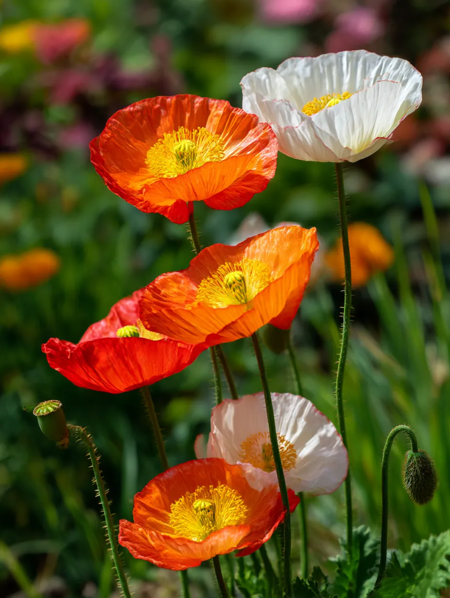 ポピーの花の写真｜明るいオレンジ色と白色のポピーの花々が並んで咲いている写真。鮮やかな色合いが生き生きとした印象を与え、ポピーの花の鮮やかさが春を告げるように広がっています。