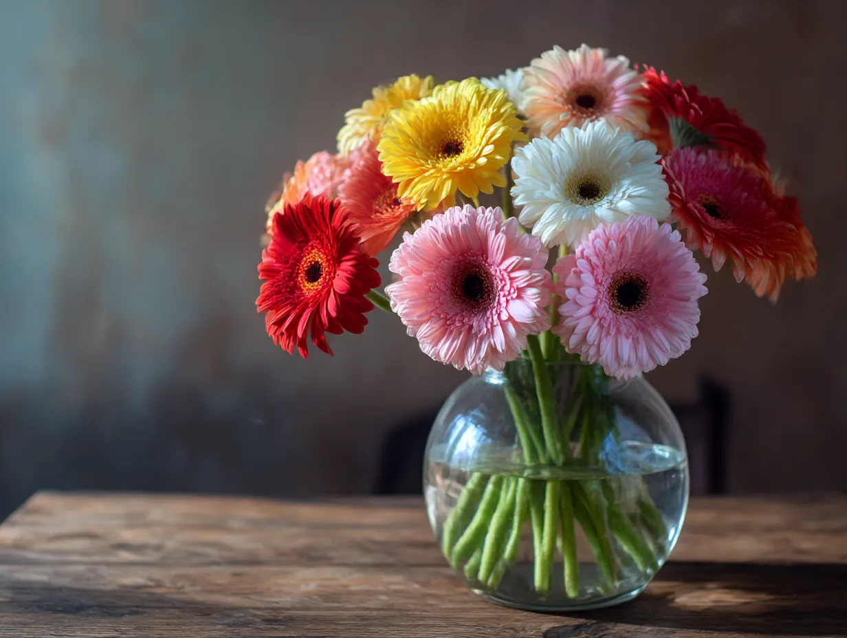 ガーベラの花束の写真｜色とりどりのガーベラが並べられた花束の写真。赤や黄色、ピンクのガーベラが元気いっぱいに咲き誇り、その鮮やかな色合いが見る人に喜びを与えます。ガーベラの花の明るく華やかな印象が、空間を明るく照らしている一枚です。