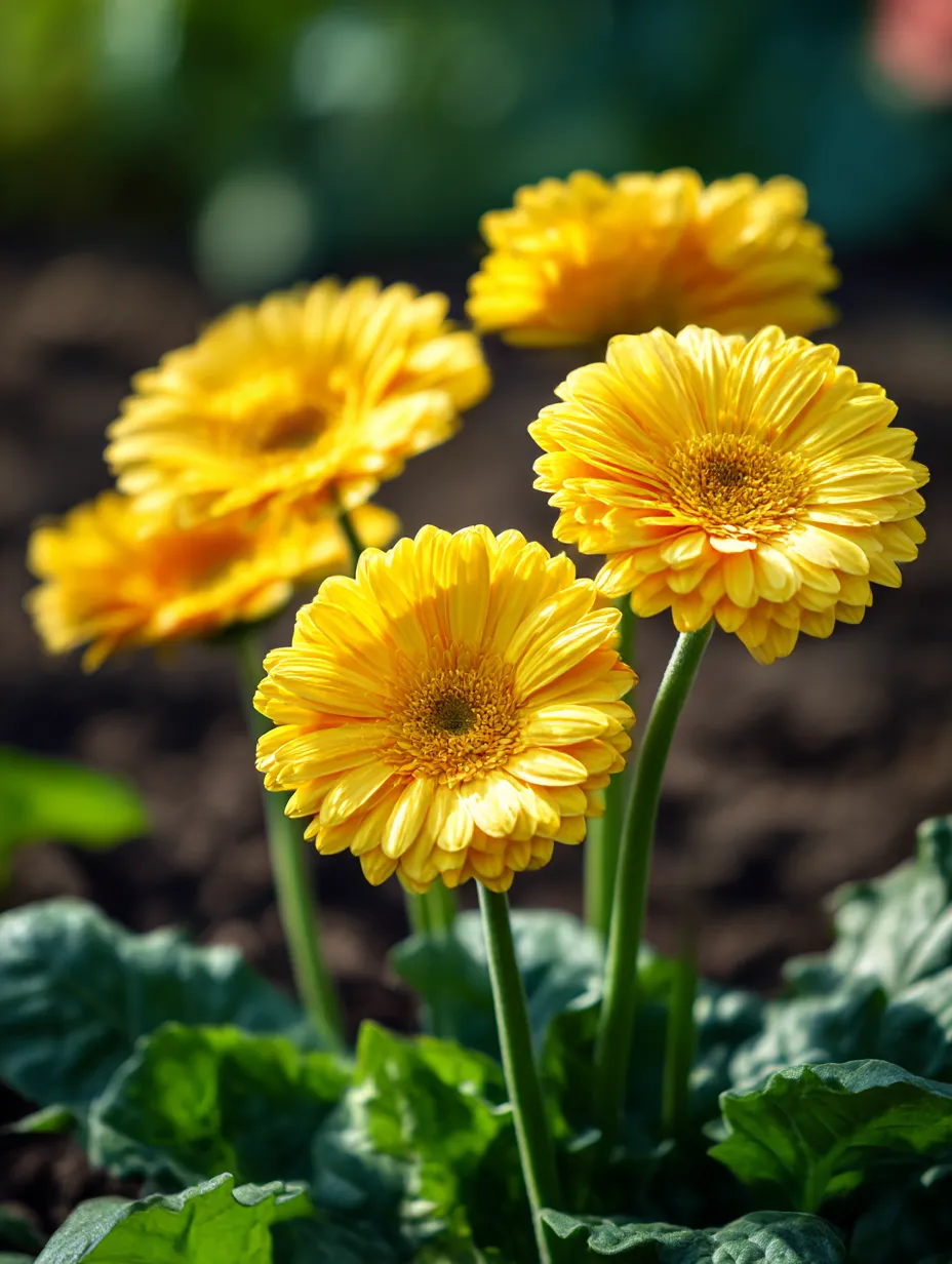 黄色いガーベラの花の写真｜明るい黄色のガーベラが花壇で咲いている写真。太陽の光を浴びて、ガーベラの花々が光輝いており、その明るさが気持ちを明るくさせます。元気よく伸びるガーベラの姿が春の到来を感じさせる一枚です。
