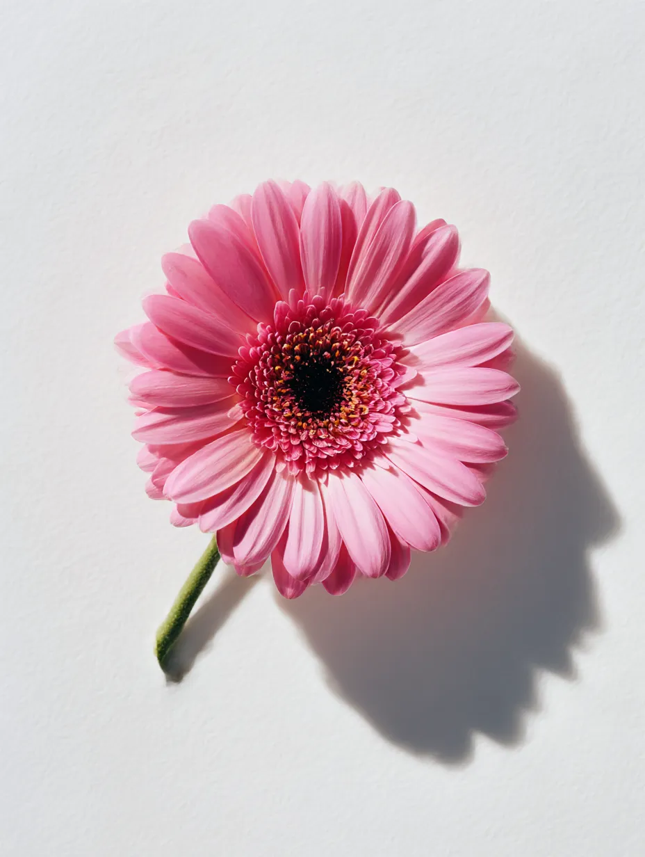 ピンクのガーベラの花の写真｜シンプルで美しいピンク色のガーベラが写された一枚。優雅でありながら、強い生命力を感じさせる花の姿が、心を穏やかにしてくれます。白い背景とピンクのガーベラのコントラストが美しいです。