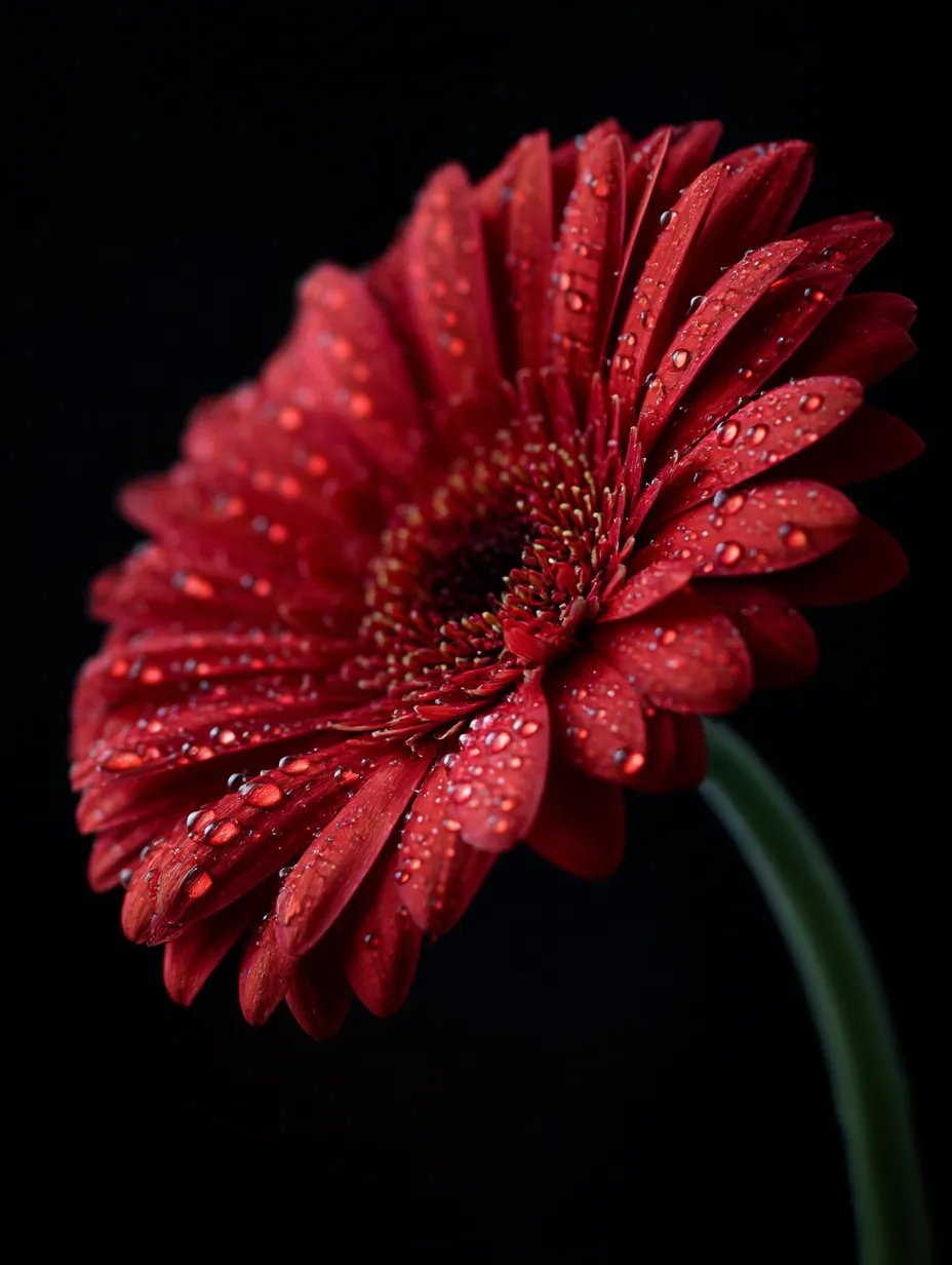 赤いガーベラの写真｜深い赤いガーベラの花がしっとりとした雰囲気の中で輝いている写真。花びらに水滴がついており、まるで朝露に濡れたかのような清らかな美しさを表現しています。ガーベラの強さと優雅さが調和しています。