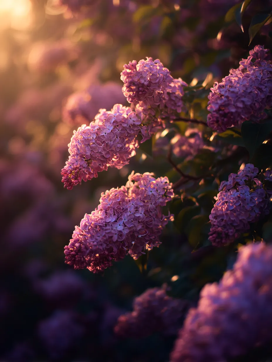 ライラックの花の写真｜夕暮れ時の柔らかな光を浴びるライラックの花が美しく映し出された写真。淡い紫色の花々が優雅に咲き誇り、ライラックの香りとともに春の訪れを感じさせます。しっとりとした雰囲気の中でライラックが魅力的に浮かび上がります。