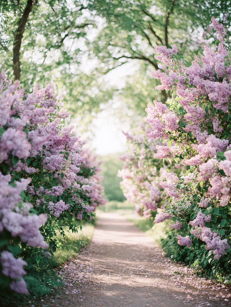 ライラックの花道の写真｜ライラックの花が咲き誇る美しい道を撮影した一枚。春の温かな陽射しが花々を照らし、ライラックの香りが漂う中、花道が続いています。自然の美しさと平穏な空気が感じられる風景です。