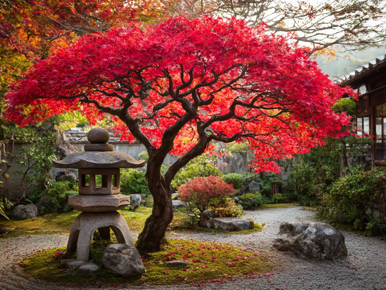 もみじの木：写真と美しい庭園｜日本庭園の中に立つもみじの木が、落ち着きと美しさを放つ「もみじの木：写真」。その周りに広がる庭園とともに、穏やかな秋の風情を楽しめます。