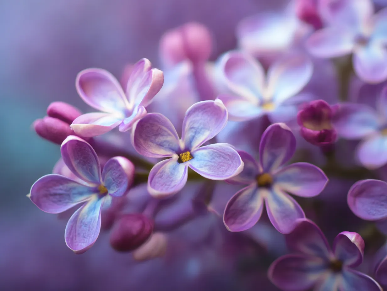 ライラックの花のクローズアップ写真｜色とりどりのライラックの花が繊細に咲いているクローズアップ写真。細部まで鮮明に描写されたライラックの花々が、その美しさと優雅さを強調しています。色彩と質感の美しさが際立っています。
