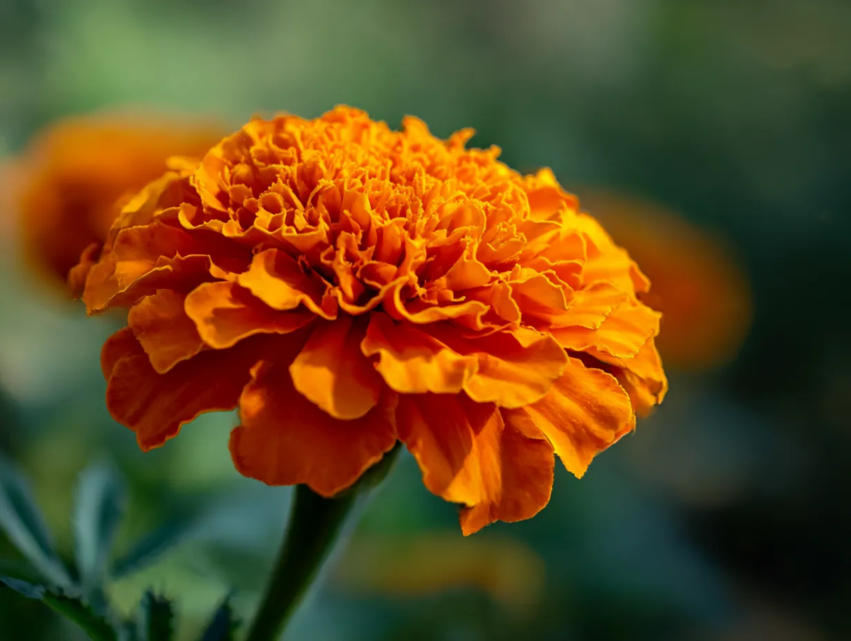 オレンジ色のマリーゴールドの写真｜オレンジ色のマリーゴールドの花が鮮明に映し出された一枚。花びらのディテールがしっかりと捉えられ、マリーゴールドの力強さが表現されています。緑の背景とオレンジ色のコントラストが美しいです。
