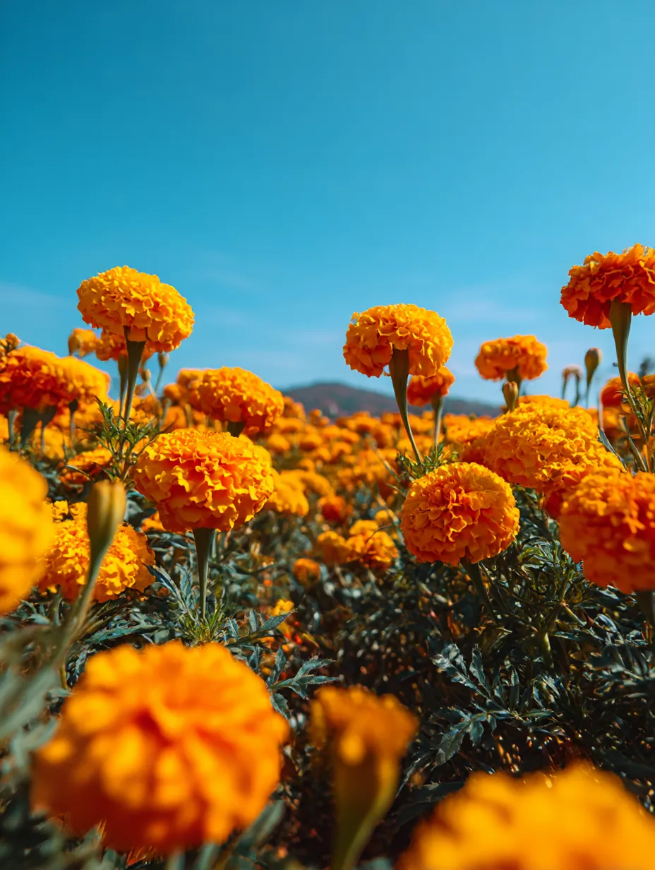 マリーゴールドの花畑の写真｜青空の下、黄色とオレンジ色のマリーゴールドが咲き誇る花畑の写真。まるで絵のように広がる風景は、春の暖かさを感じさせ、マリーゴールドの花々が力強く、周りを彩ります。