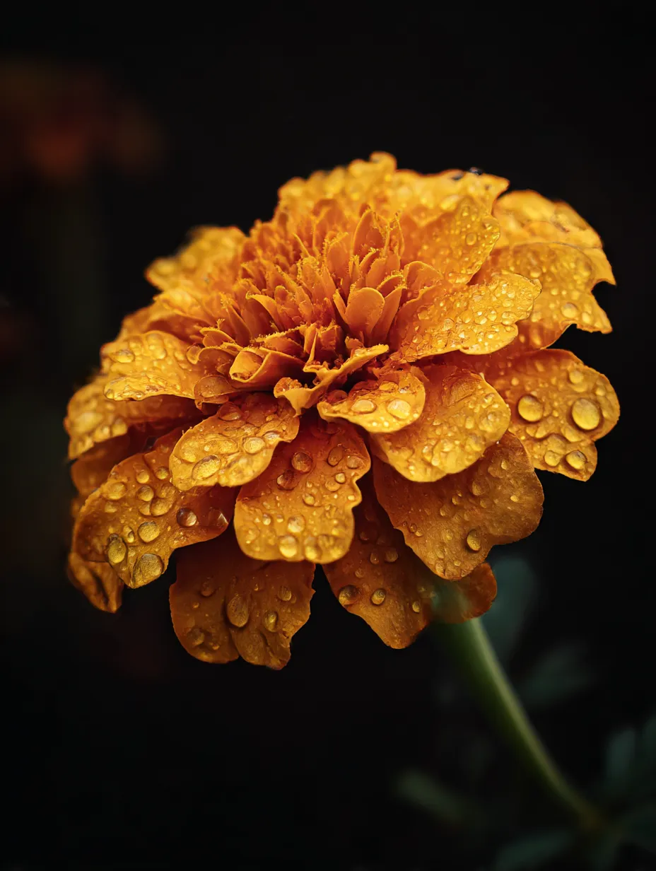 マリーゴールドの花と水滴の写真｜黒い背景に輝く水滴がついたマリーゴールドの花が印象的な一枚。花びらに水滴がついており、その清らかな美しさと生命力が感じられます。マリーゴールドの鮮やかなオレンジが、暗い背景の中で際立っています。