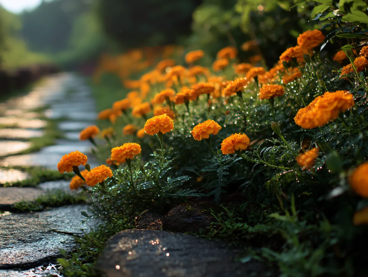 マリーゴールドの花道の写真｜石畳の道に咲き誇るマリーゴールドが並ぶ美しい風景。朝露が花に滴り、光が柔らかく当たり、マリーゴールドの花々が静かな美しさを放っています。春のひとときの穏やかな風景を感じさせる一枚です。