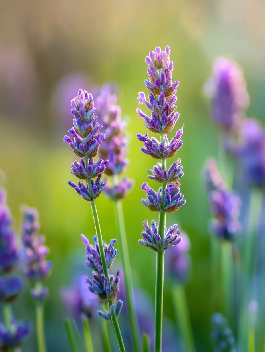 ラベンダーの花と朝日を感じる写真｜優しく差し込む朝日とラベンダーの花々が美しく調和した一枚。ラベンダーの花が朝日に照らされることで、柔らかい光と色のコントラストが魅力的に映し出されています。自然の美しさを感じさせるシーンです。